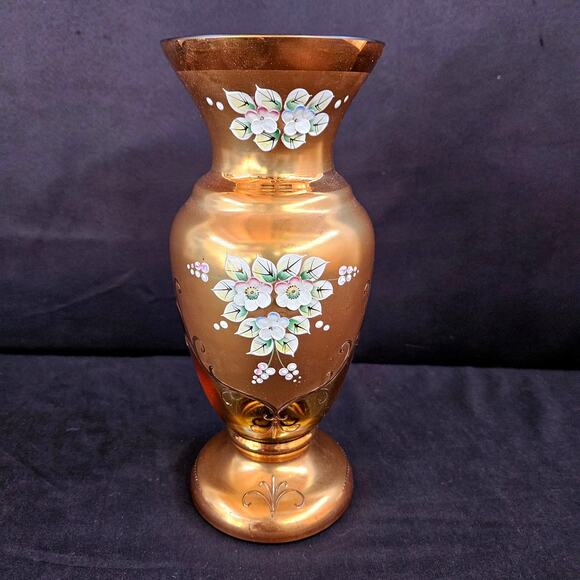 Egermann Gold Bohemian Glass Vase with Enamel Hand Painting Czech 10" - Picture 1 of 10